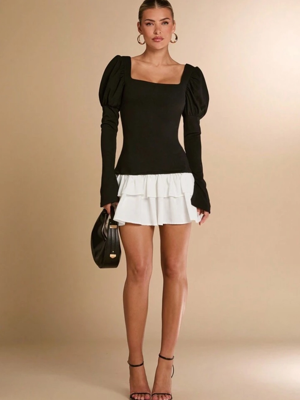 Black Puff Sleeve Square Neck Top with White Ruffle Hem